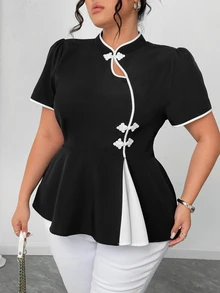 Elenzga Plus Size Peplum Short Sleeve Shirt With Button Placket, Minimalist Daily Top - Black and White - View 3