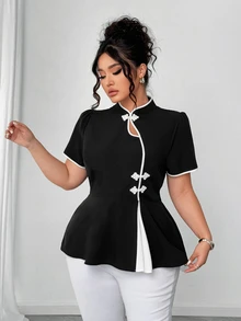 Elenzga Plus Size Peplum Short Sleeve Shirt With Button Placket, Minimalist Daily Top - Black and White - View 8