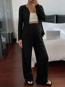 DAZY Contrast Polka Dot Button-Front Long Sleeve T-Shirt And Straight Leg Pants Casual Daily Home Wear Spring Autumn Maternity 2 Pieces Set - Black - View 7
