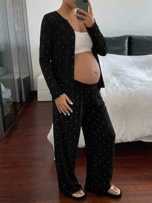 DAZY Contrast Polka Dot Button-Front Long Sleeve T-Shirt And Straight Leg Pants Casual Daily Home Wear Spring Autumn Maternity 2 Pieces Set - Black - View 5