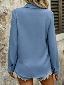 Pariaura Casual Solid Color Pocket Button-Up Long Sleeve Minimalist Shirt - Blue - View 2