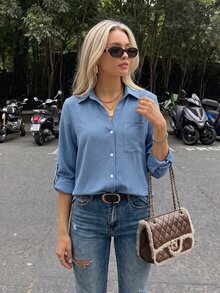 Pariaura Casual Solid Color Pocket Button-Up Long Sleeve Minimalist Shirt - Blue - View 1