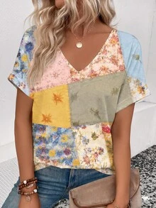 Selamara Patchwork Floral Digital Print V Neck T-Shirt, Roll Cuff Short Sleeve Loose Casual Top For Women - Multicolor - View 4