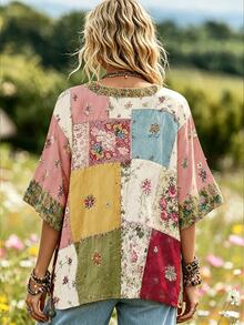 Selamara Women's Flat V-Neck Short Sleeve Digital Print T-Shirt Vacation Pink Floral Summer Boho - Multicolor - View 2