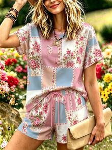 Selamara Conjunto de camiseta y pantalones cortos para mujer talla grande, estilo campestre, estampado floral con bloques de color, corte holgado, perfecto para primavera y verano - Multicolor - Ver 3