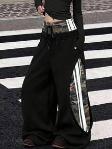 Muchica Women's Autumn/Winter New American Style 2 In 1 Camouflage Patchwork Curved Leg Loose Sweatpants For Going Out, Streetwear - Black - View 1