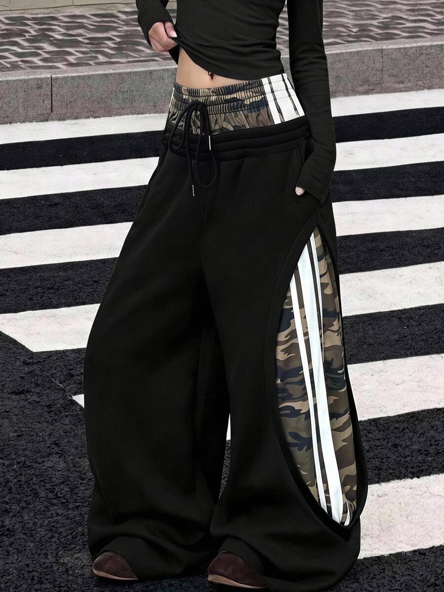 Muchica Women's Autumn/Winter New American Style 2 In 1 Camouflage Patchwork Curved Leg Loose Sweatpants For Going Out, Streetwear - Black - View 1