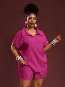 Veslaya Women's Plus Size Magenta Summer Casual Vacation Ribbed Polo Collar Loose Short Sleeve Shorts Set,Beach Sunbathing Daily Wear 2pcs Outfits - Hot Pink - View 5