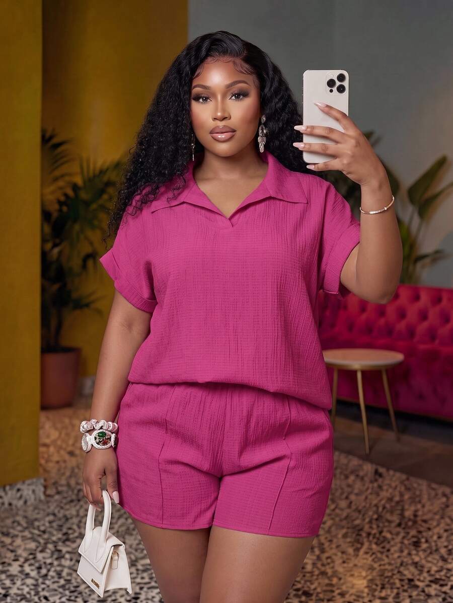 Veslaya Women's Plus Size Magenta Summer Casual Vacation Ribbed Polo Collar Loose Short Sleeve Shorts Set,Beach Sunbathing Daily Wear 2pcs Outfits - Hot Pink - View 1