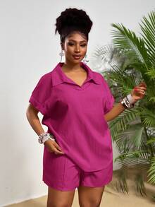 Veslaya Women's Plus Size Magenta Summer Casual Vacation Ribbed Polo Collar Loose Short Sleeve Shorts Set,Beach Sunbathing Daily Wear 2pcs Outfits - Hot Pink - View 4