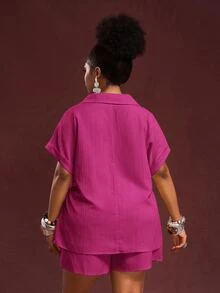 Veslaya Women's Plus Size Magenta Summer Casual Vacation Ribbed Polo Collar Loose Short Sleeve Shorts Set,Beach Sunbathing Daily Wear 2pcs Outfits - Hot Pink - View 2