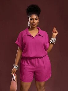 Veslaya Women's Plus Size Magenta Summer Casual Vacation Ribbed Polo Collar Loose Short Sleeve Shorts Set,Beach Sunbathing Daily Wear 2pcs Outfits - Hot Pink - View 10