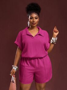 Veslaya Women's Plus Size Magenta Summer Casual Vacation Ribbed Polo Collar Loose Short Sleeve Shorts Set,Beach Sunbathing Daily Wear 2pcs Outfits - Hot Pink - View 11