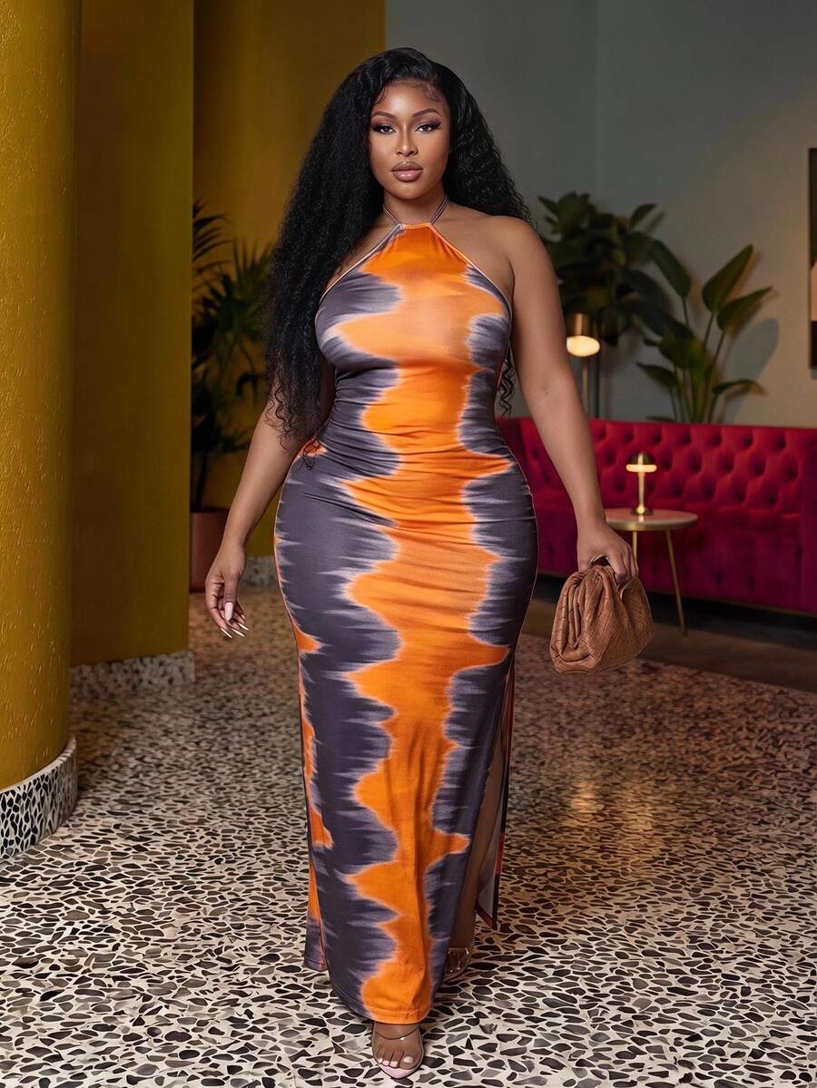 Veslaya Plus Size Women's Summer Tie Dye Classy Night Out Club Halter Tie Waist Abstract Gradient Geometric Print High Slit Vacation Orange Beach Dress - Multicolor - View 1