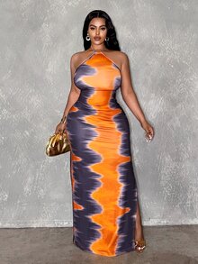 Veslaya Plus Size Women's Summer Tie Dye Classy Night Out Club Halter Tie Waist Abstract Gradient Geometric Print High Slit Vacation Orange Beach Dress - Multicolor - View 6