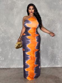 Veslaya Plus Size Women's Summer Tie Dye Classy Night Out Club Halter Tie Waist Abstract Gradient Geometric Print High Slit Vacation Orange Beach Dress - Multicolor - View 4