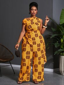 Veslaya Plus Size Women's Summer Elegant Holiday Burgundy Floral Print Asymmetric-Shoulder Crop Top And Wide Leg Pants Set,Nomadic Style Outfit For Party - Multicolor - View 6