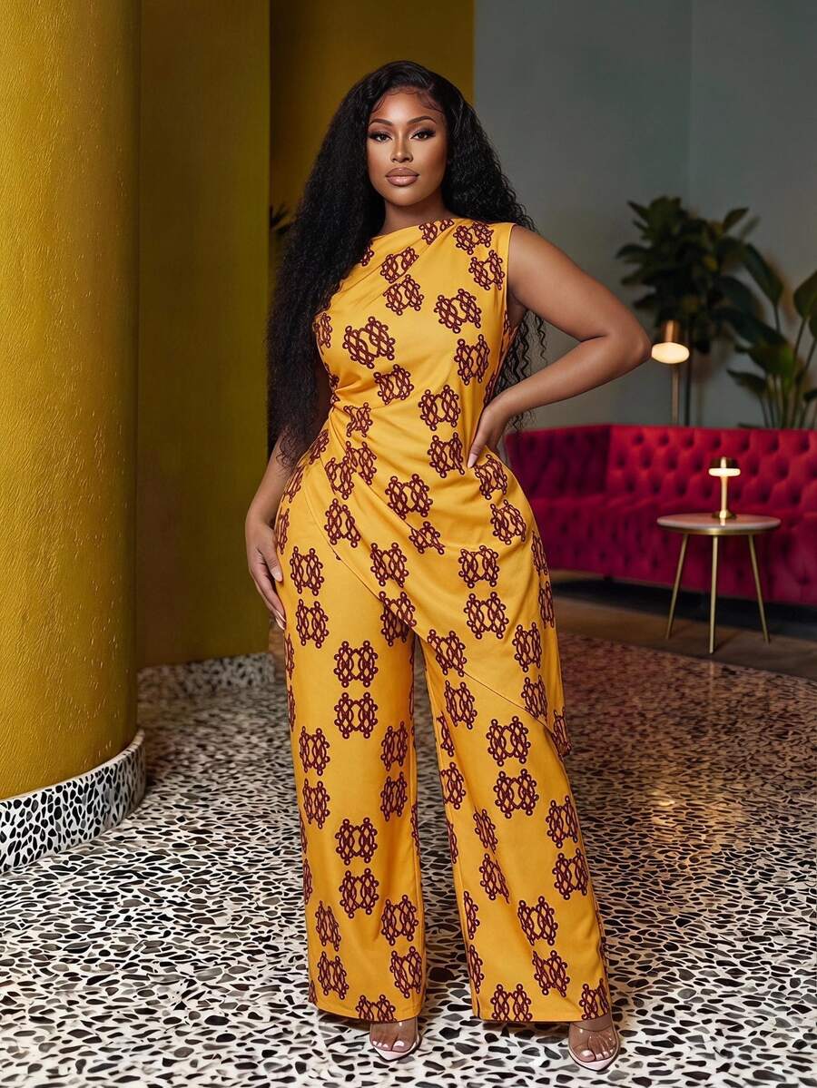 Veslaya Plus Size Women's Summer Elegant Holiday Burgundy Floral Print Asymmetric-Shoulder Crop Top And Wide Leg Pants Set,Nomadic Style Outfit For Party