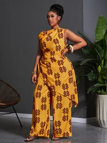 Veslaya Plus Size Women's Summer Elegant Holiday Burgundy Floral Print Asymmetric-Shoulder Crop Top And Wide Leg Pants Set,Nomadic Style Outfit For Party - Multicolor - View 5