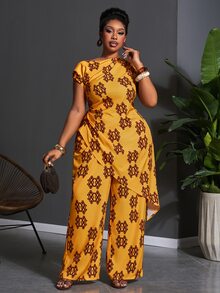 Veslaya Plus Size Women's Summer Elegant Holiday Burgundy Floral Print Asymmetric-Shoulder Crop Top And Wide Leg Pants Set,Nomadic Style Outfit For Party - Multicolor - View 7