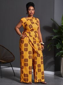 Veslaya Plus Size Women's Summer Elegant Holiday Burgundy Floral Print Asymmetric-Shoulder Crop Top And Wide Leg Pants Set,Nomadic Style Outfit For Party - Multicolor - View 4