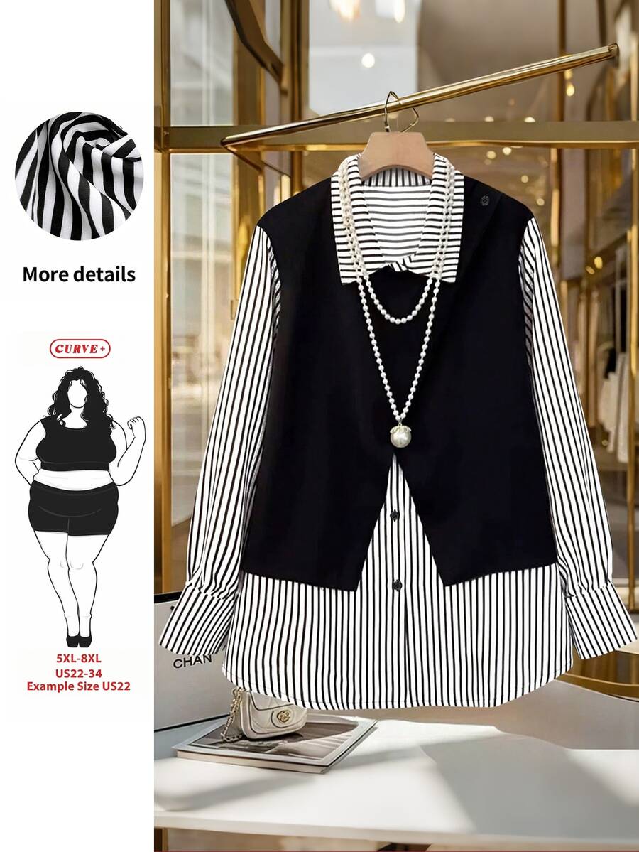 SHEIN CURVE+ Damen Große Größen Patchwork Gestreiftes Langarm Lässig Locker geschnitten Hemd Herbst - Verschiedenfarbig - Übersicht 1