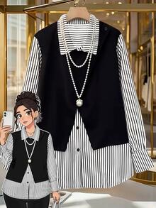 SHEIN CURVE+ Damen Große Größen Patchwork Gestreiftes Langarm Lässig Locker geschnitten Hemd Herbst - Verschiedenfarbig - Übersicht 8