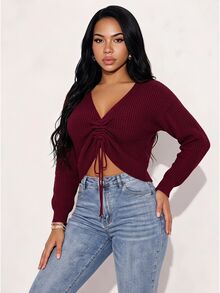 BamGleam Women's Sweater V-Neck Drawstring Tie Textured Cable Knit Ribbed Long Sleeve Fall Casual Sexy Y2K Outfit Top Date Night Out - Burgundy - View 4