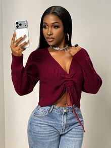 BamGleam Women's Sweater V-Neck Drawstring Tie Textured Cable Knit Ribbed Long Sleeve Fall Casual Sexy Y2K Outfit Top Date Night Out - Burgundy - View 7