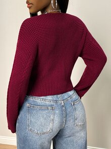 BamGleam Women's Sweater V-Neck Drawstring Tie Textured Cable Knit Ribbed Long Sleeve Fall Casual Sexy Y2K Outfit Top Date Night Out - Burgundy - View 8