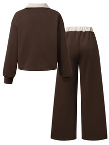 SHEIN 青少年女孩春秋冬季休閒兩件套 紐約字母圖案立領衛衣與短褲套裝 保暖校園穿搭 適合日常穿著、上學、通勤、外出、散步、購物、旅行，可搭配夾克、背心、棉襖 - 彩色 - 查看 2