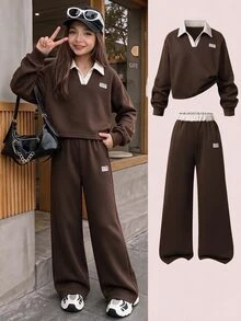 SHEIN 青少年女孩春秋冬季休閒兩件套 紐約字母圖案立領衛衣與短褲套裝 保暖校園穿搭 適合日常穿著、上學、通勤、外出、散步、購物、旅行，可搭配夾克、背心、棉襖 - 彩色 - 查看 4