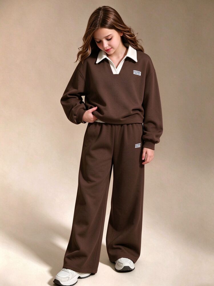 SHEIN Tween Girls Spring Autumn Winter Casual 2 Pieces Set New York Letter Pattern Stand Collar Sweatshirt And Shorts Set Warm Campus Outfit Suitable For Daily Wear, School, Commuting, Outings, Walking, Shopping, Travel, Can Be Paired With Jacket, Vest, Padded Coat - Multicolor - View 3