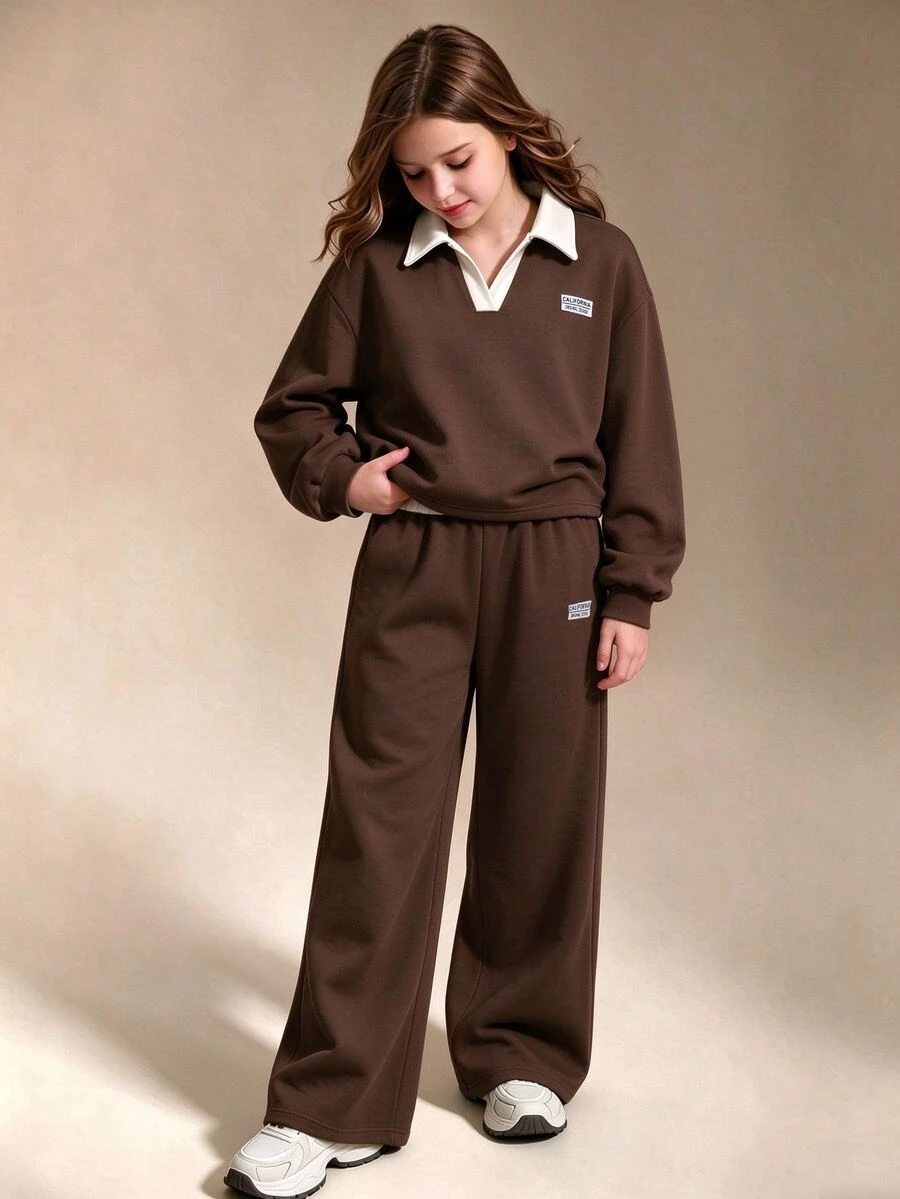 SHEIN 青少年女孩春秋冬季休閒兩件套 紐約字母圖案立領衛衣與短褲套裝 保暖校園穿搭 適合日常穿著、上學、通勤、外出、散步、購物、旅行，可搭配夾克、背心、棉襖 - 彩色 - 查看 1