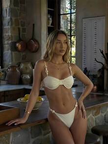 SHEIN Swim 簡約亮面布料鋼圈托高式可調肩帶側綁露背比基尼上衣與丁字褲套裝，夏季海灘度假泳裝 - 彩色 - 查看 2