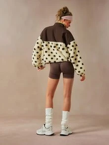 VARSIVA Women's Stand Collar Single-Breasted Patchwork Polka Dot Print Fleece Drawstring Dual Pocket Casual Sports Jacket - Multicolor - View 5