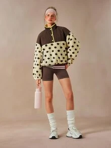 VARSIVA Women's Stand Collar Single-Breasted Patchwork Polka Dot Print Fleece Drawstring Dual Pocket Casual Sports Jacket - Multicolor - View 8