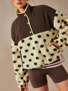 VARSIVA Women's Stand Collar Single-Breasted Patchwork Polka Dot Print Fleece Drawstring Dual Pocket Casual Sports Jacket - Multicolor - View 10