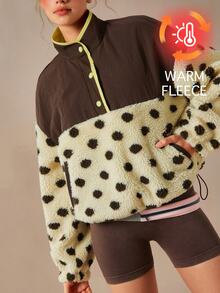 VARSIVA Women's Stand Collar Single-Breasted Patchwork Polka Dot Print Fleece Drawstring Dual Pocket Casual Sports Jacket - Multicolor - View 7