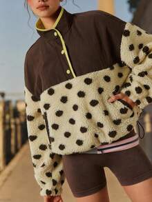 VARSIVA Women's Stand Collar Single-Breasted Patchwork Polka Dot Print Fleece Drawstring Dual Pocket Casual Sports Jacket - Multicolor - View 1