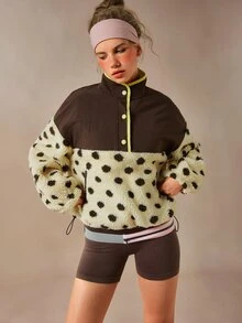 VARSIVA Women's Stand Collar Single-Breasted Patchwork Polka Dot Print Fleece Drawstring Dual Pocket Casual Sports Jacket - Multicolor - View 6