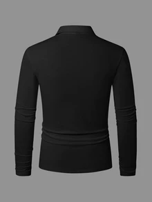 Manfinity Homme 大尺碼男士純色前開扣長袖休閒素面 Polo 衫，適合外出、秋季、正式場合 - 黑色 - 查看 2