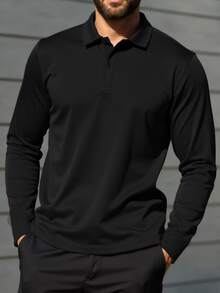 Manfinity Homme 大尺碼男士純色前開扣長袖休閒素面 Polo 衫，適合外出、秋季、正式場合 - 黑色 - 查看 1