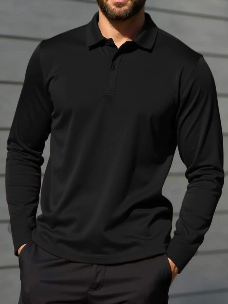 Manfinity Homme 大尺碼男士純色前開扣長袖休閒素面 Polo 衫,適合外出、秋季、正式場合 - 黑色 - 查看 1