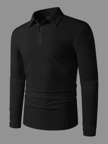 Manfinity Homme 大尺碼男士純色前開扣長袖休閒素面 Polo 衫，適合外出、秋季、正式場合 - 黑色 - 查看 3