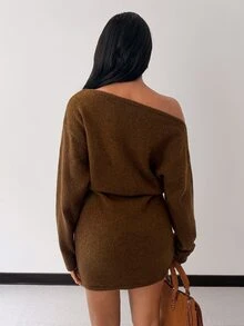 SHEIN Unity Women's Solid Color Asymmetrical Shoulder Long Sleeve Bodycon Casual Knit Dress Brunch Dark Brown Autumn - Coffee Brown - View 2