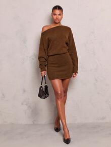 SHEIN Unity Women's Solid Color Asymmetrical Shoulder Long Sleeve Bodycon Casual Knit Dress Brunch Dark Brown Autumn - Coffee Brown - View 3