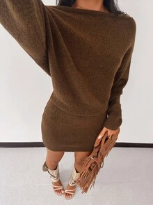 SHEIN Unity Women's Solid Color Asymmetrical Shoulder Long Sleeve Bodycon Casual Knit Dress Brunch Dark Brown Autumn - Coffee Brown - View 8