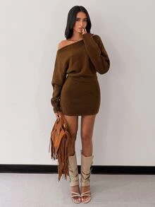 SHEIN Unity Women's Solid Color Asymmetrical Shoulder Long Sleeve Bodycon Casual Knit Dress Brunch Dark Brown Autumn - Coffee Brown - View 5