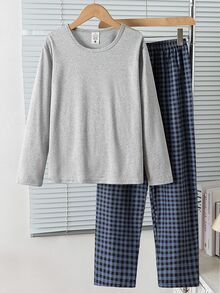 SHEIN Girls' Simple Fashion Letter Print Long Sleeve Top + Plaid Long Pants 4-Piece Loungewear Set - Grey - View 3
